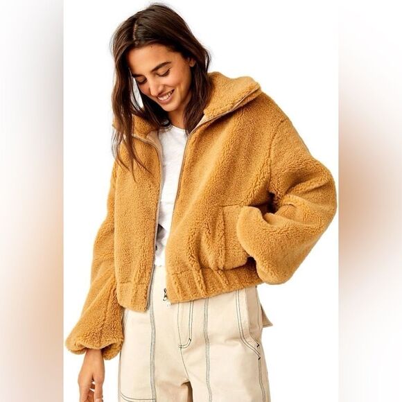 NWT Free People Get Cozy Teddy Full Zip Jacket in Camel Tan - Picture 5 of 12